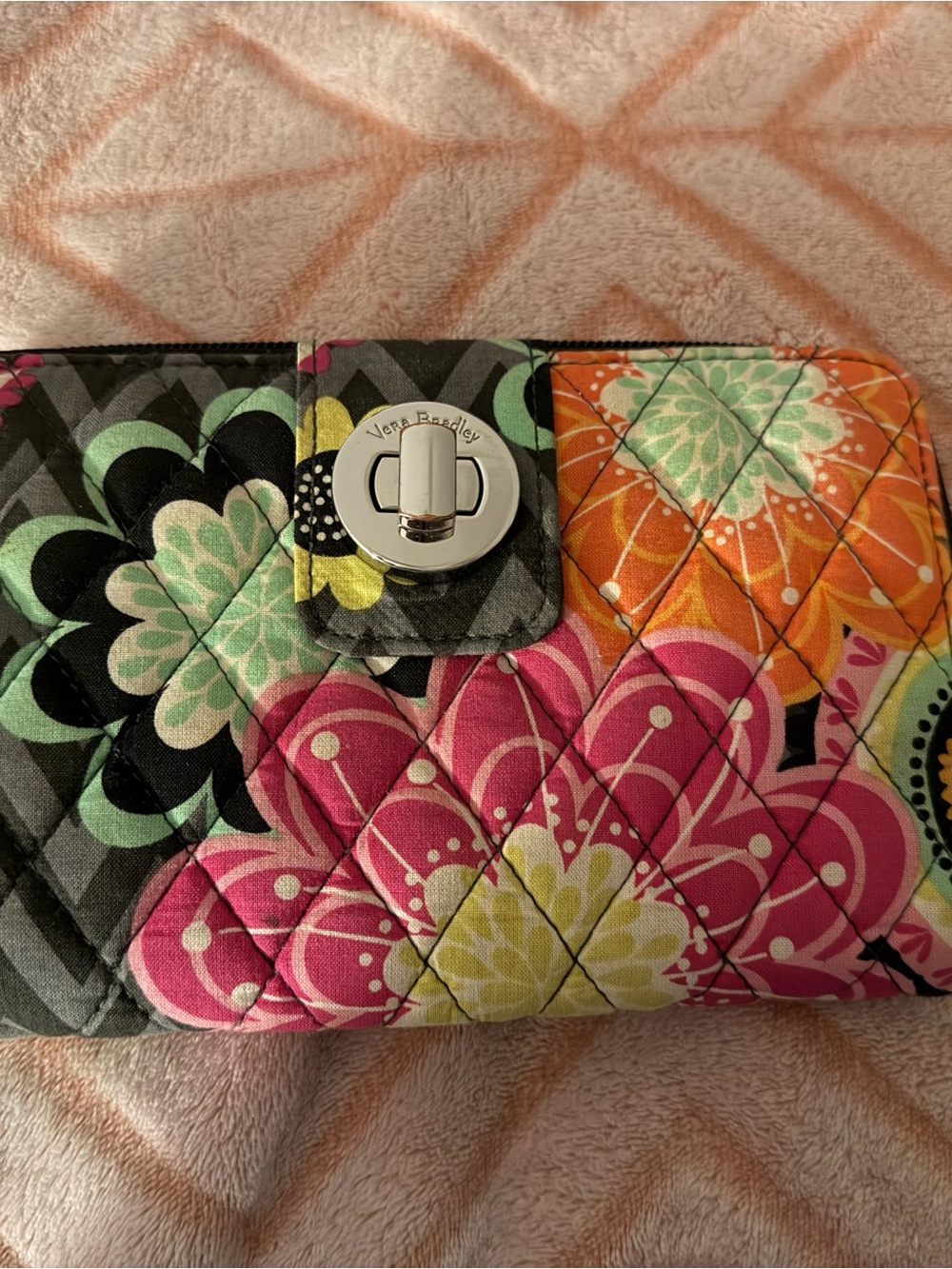 Vera Bradley Quilted Floral Turnlock Wallet - Pink, Orange, Green, Black